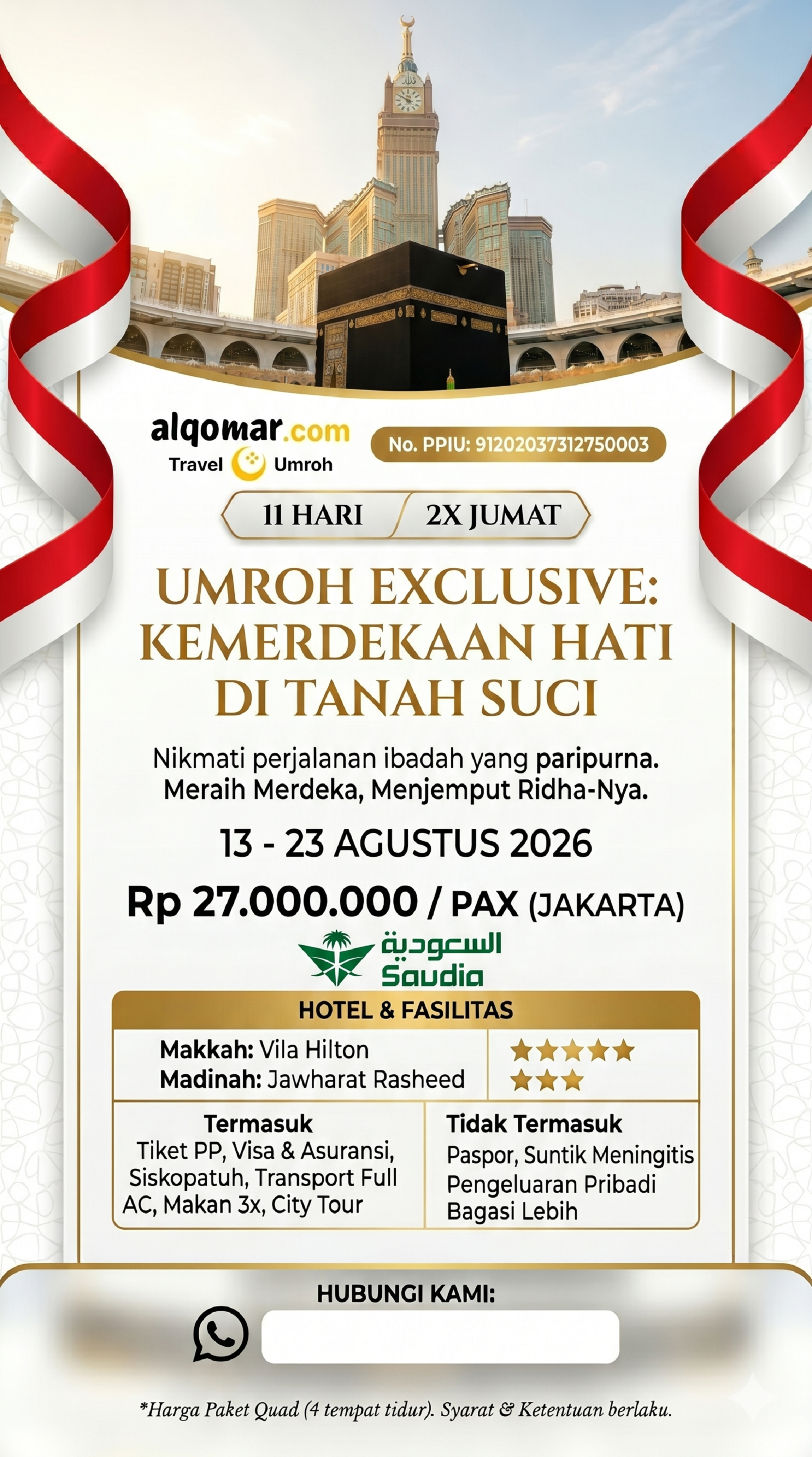 Umroh 13 Agustus 2026 (11 Hari) Villa Hilton Makkah ★★★★★