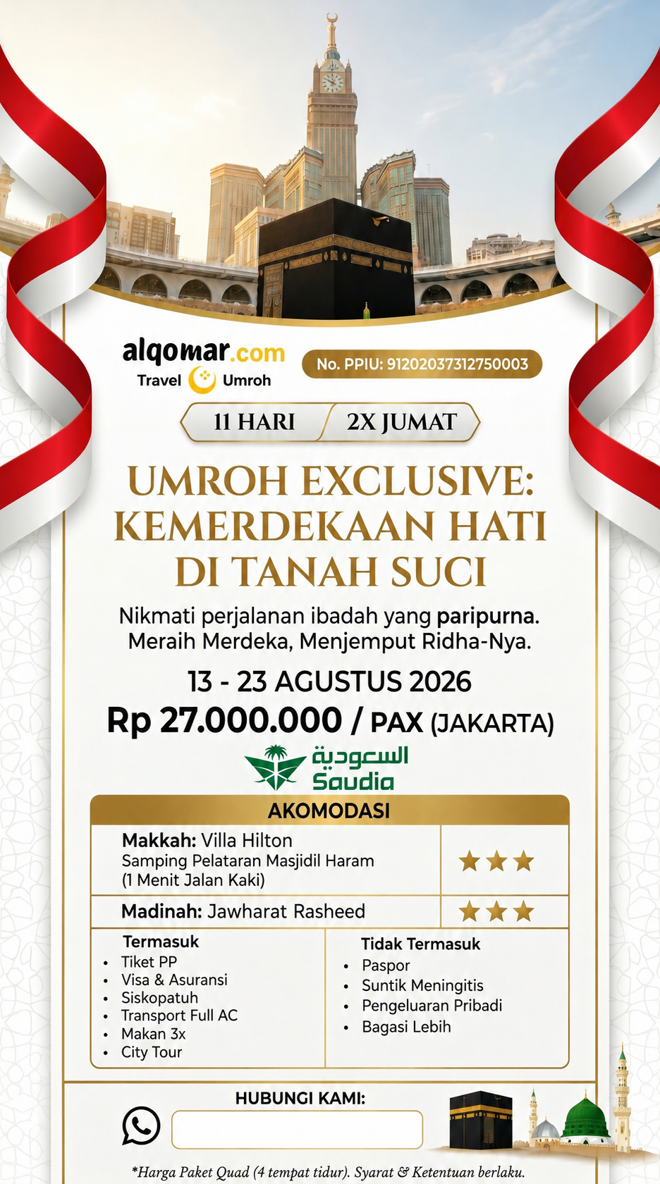 Umroh 13 Agustus 2026 (11 Hari) Villa Hilton Makkah, Pelataran Masjidil Haram